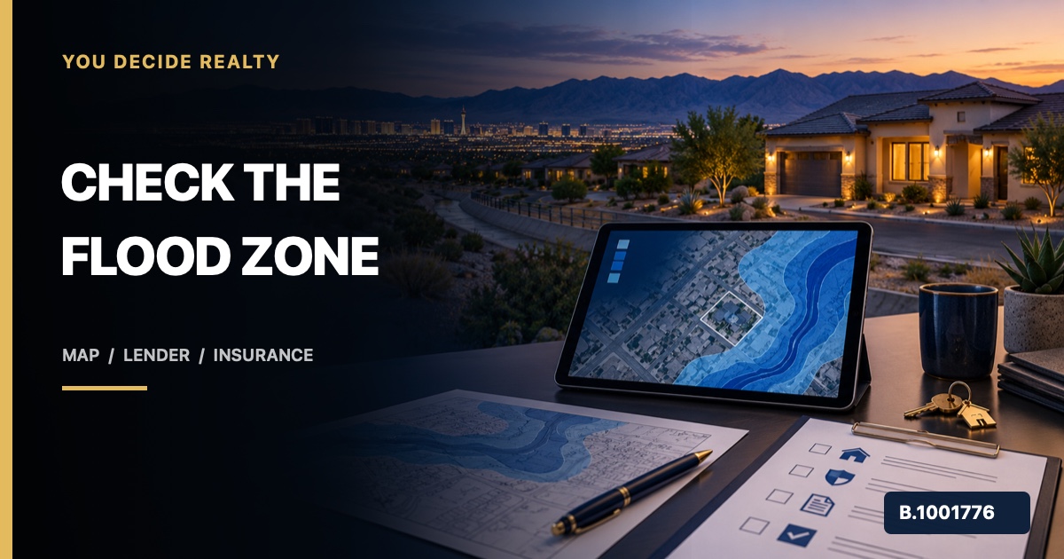 Nevada home and exact-address flood map on a buyer due-diligence desk, marked Nevada Broker B.1001776