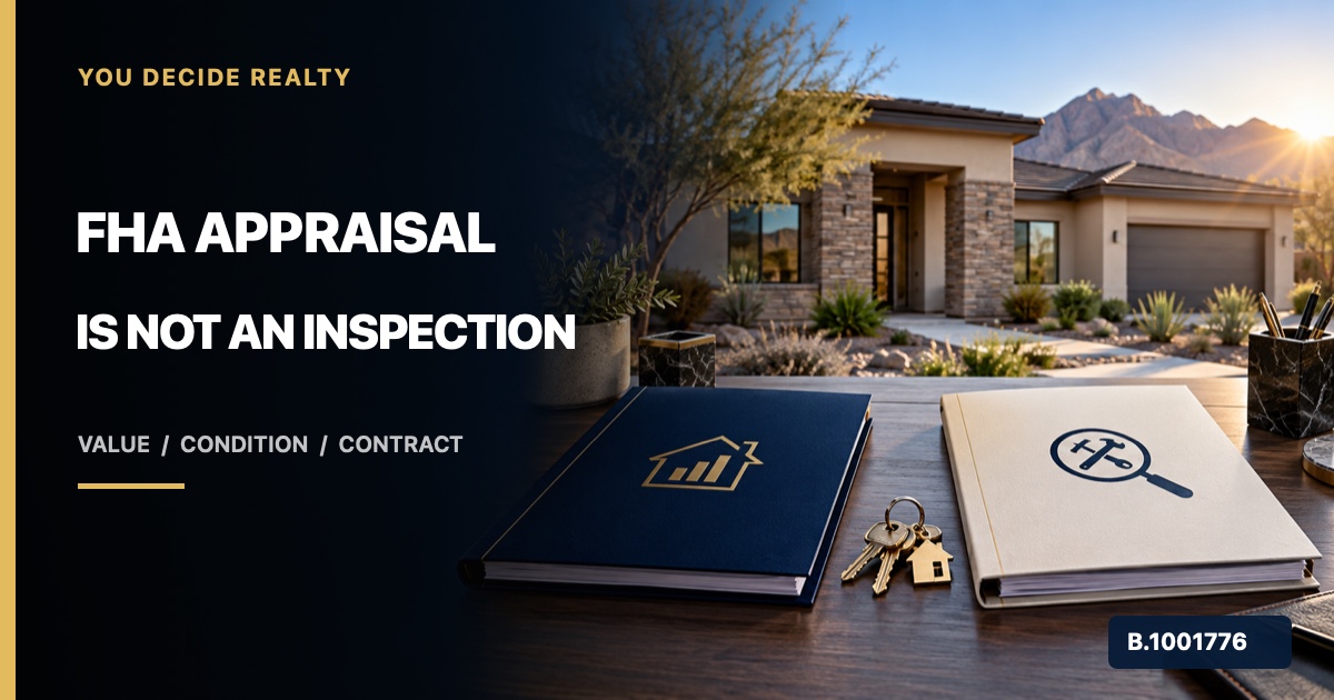 Southern Nevada home beside separate appraisal and home-inspection folders with FHA Appraisal Is Not An Inspection text and Nevada broker license B.1001776