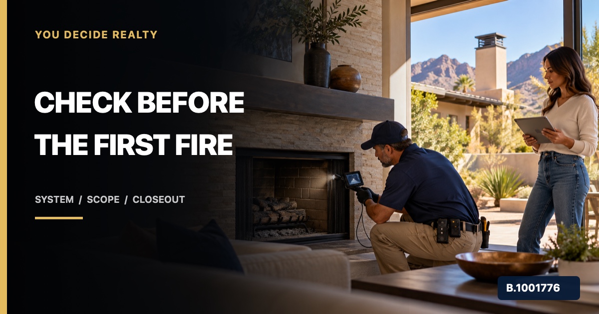 Nevada homebuyer observing a professional fireplace inspection in a Las Vegas-area home, marked Nevada Broker B.1001776