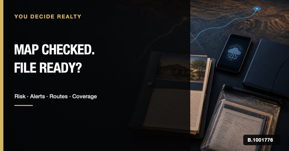 Property map, warning alert, insurance folder, and two marked evacuation routes arranged for a Las Vegas home-readiness review.