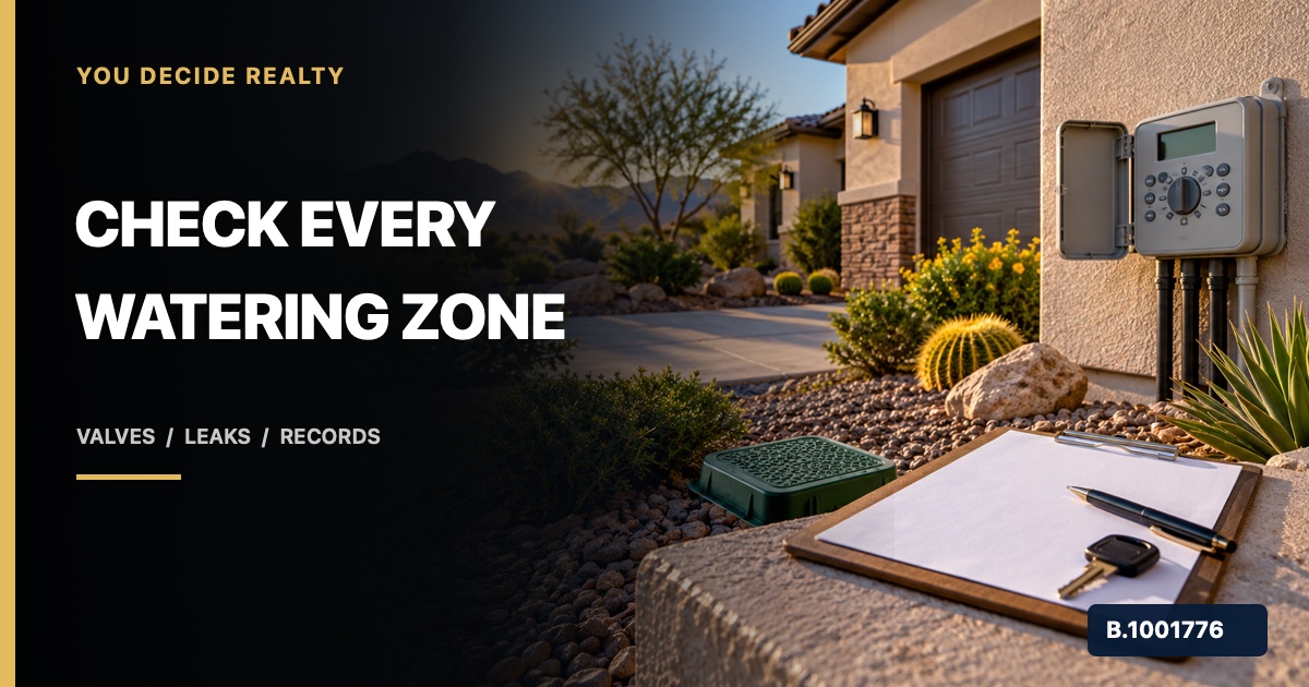 Southern Nevada homebuyer checking a landscape irrigation controller beside a zone map and house key, marked Nevada Broker B.1001776