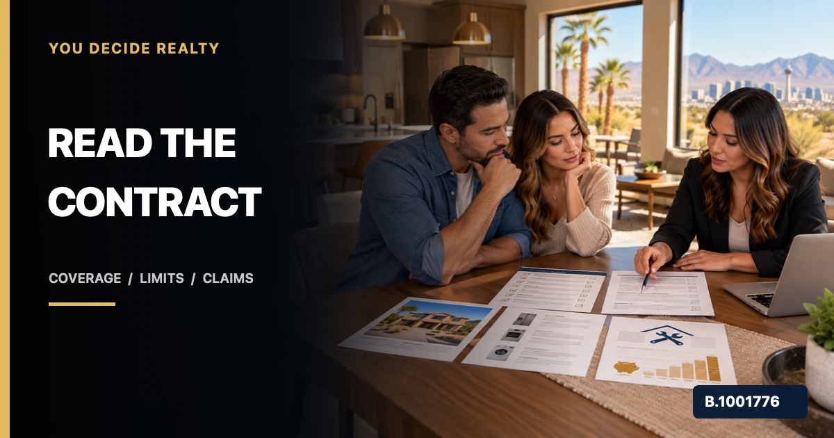 Nevada homebuyers comparing an inspection report, appliance ages, repair reserve, and home service contract, marked Nevada Broker B.1001776