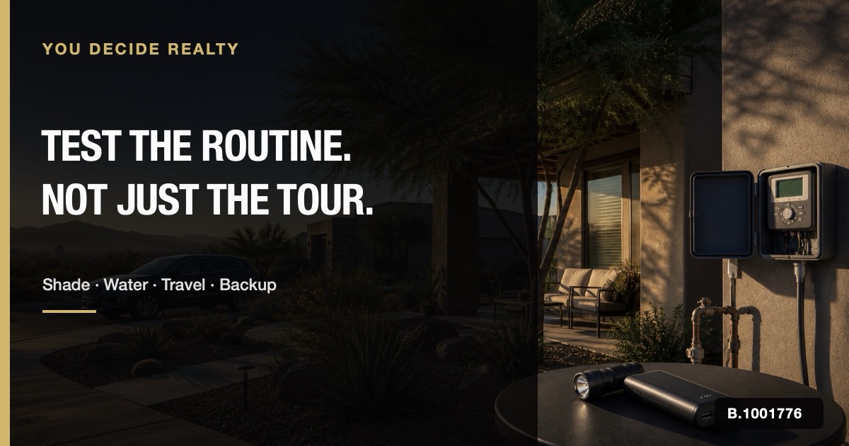 Southern Nevada home with patio shade, desert landscaping, irrigation controls, a parked car, flashlight, and backup battery ready for a daily-life property review.