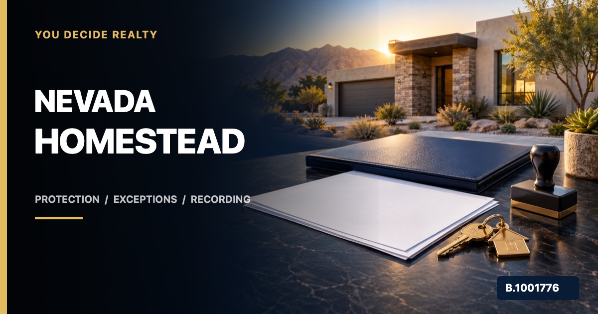 Southern Nevada home beside a blank property folder, recording papers, stamp, and keys with Nevada Homestead text and broker license B.1001776