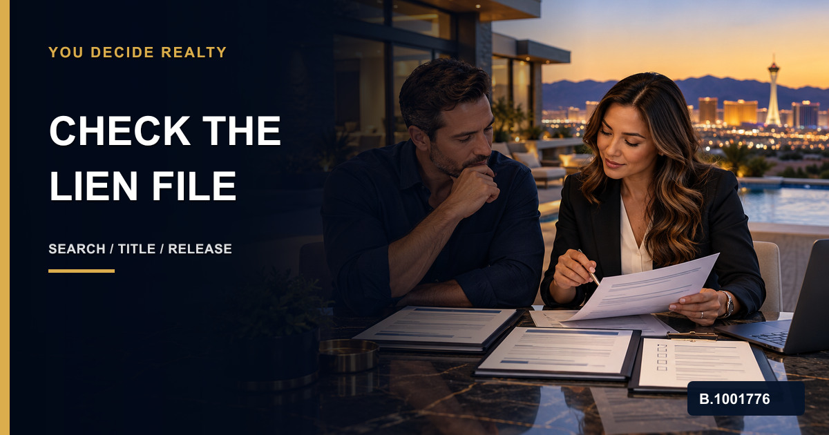 Nevada buyer reviewing a county record search, title commitment, lien payoff and recorded release checklist, marked Nevada Broker B.1001776
