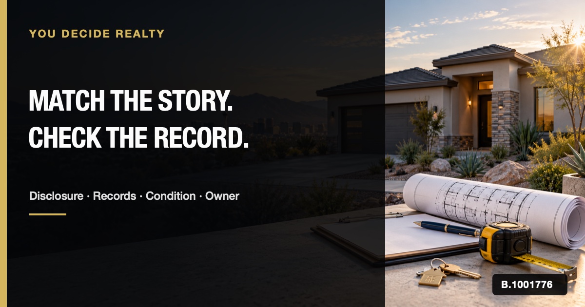 Las Vegas home with plans, measuring tools, a key, and an organized review folder.