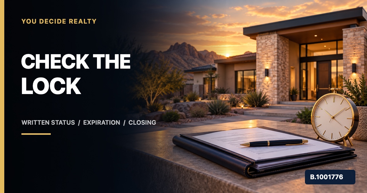 Southern Nevada home, mortgage file, and clock with Check the Lock text and Nevada broker license B.1001776