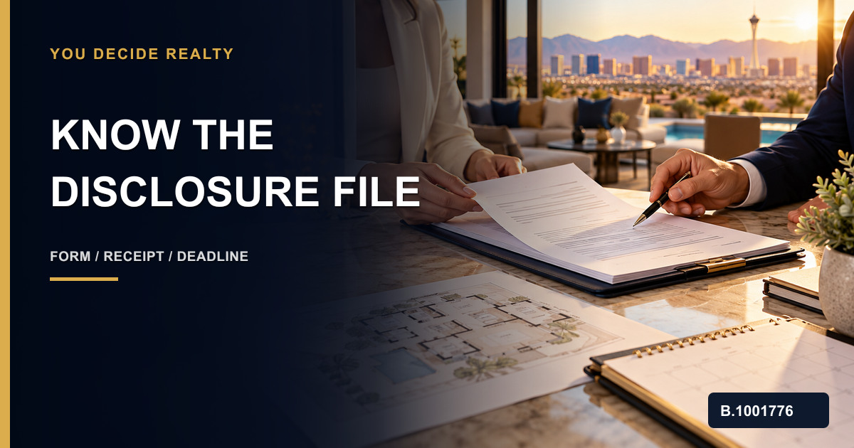 Nevada buyer and seller reviewing a property disclosure form, receipt date, known defects, and closing timeline, marked Nevada Broker B.1001776