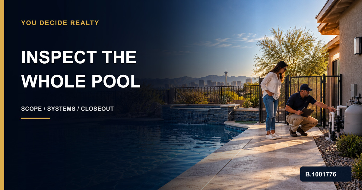 Nevada homebuyer and inspector reviewing a backyard pool, equipment, deck, and barrier gate, marked Nevada Broker B.1001776