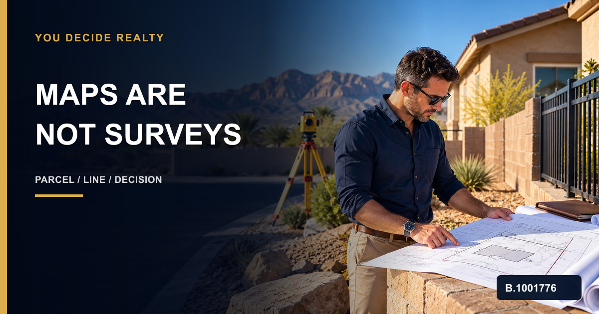 Nevada homebuyer comparing a parcel map, licensed boundary survey, fence line, title documents, and purchase calendar, marked Nevada Broker B.1001776