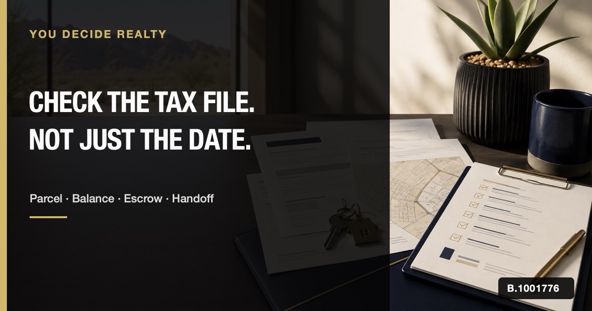 Clark County property-tax bill, parcel record, escrow statement, and closing checklist arranged for an address-specific review.