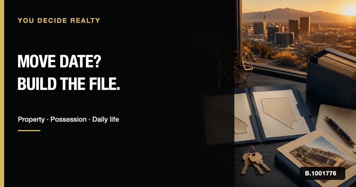 California and Nevada property documents, keys, and a dated transition timeline beside a Las Vegas skyline.