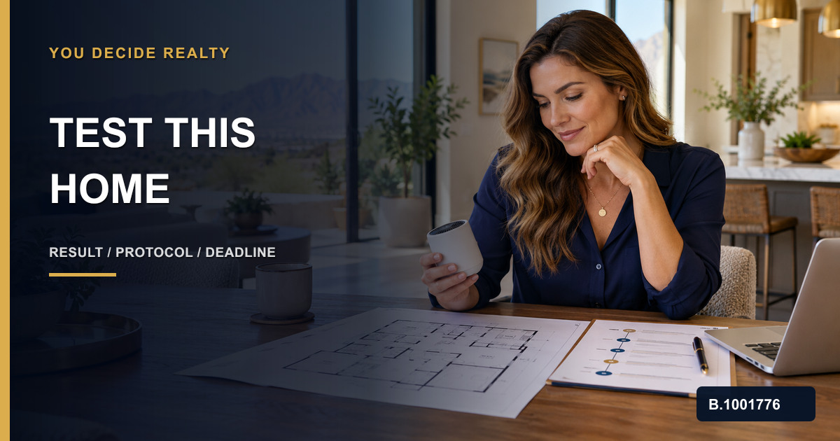 Nevada homebuyer reviewing a radon monitor, property floor plan, testing location, and inspection deadline, marked Nevada Broker B.1001776