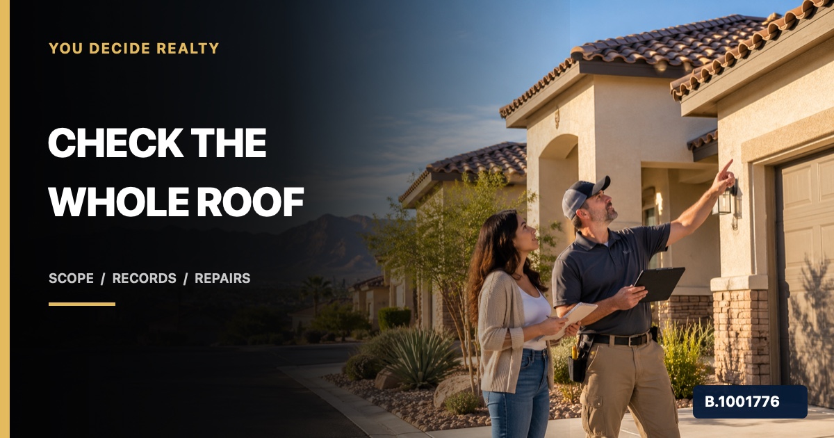 Nevada homebuyer and inspector reviewing a Las Vegas tile roof from the ground, marked Nevada Broker B.1001776
