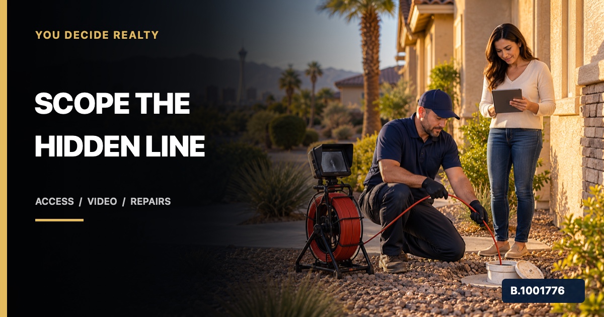 Nevada homebuyer observing a plumbing professional perform a sewer scope at an exterior cleanout, marked Nevada Broker B.1001776