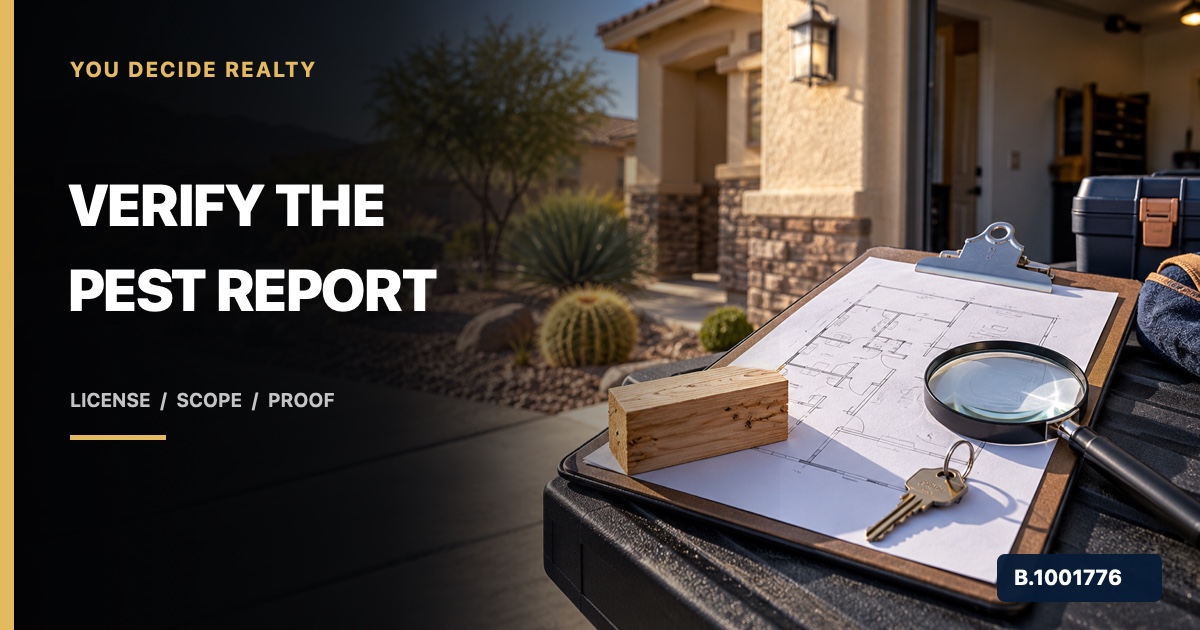 Nevada homebuyer inspection checklist, wood sample, magnifier, and house key outside a Southern Nevada home, marked Nevada Broker B.1001776