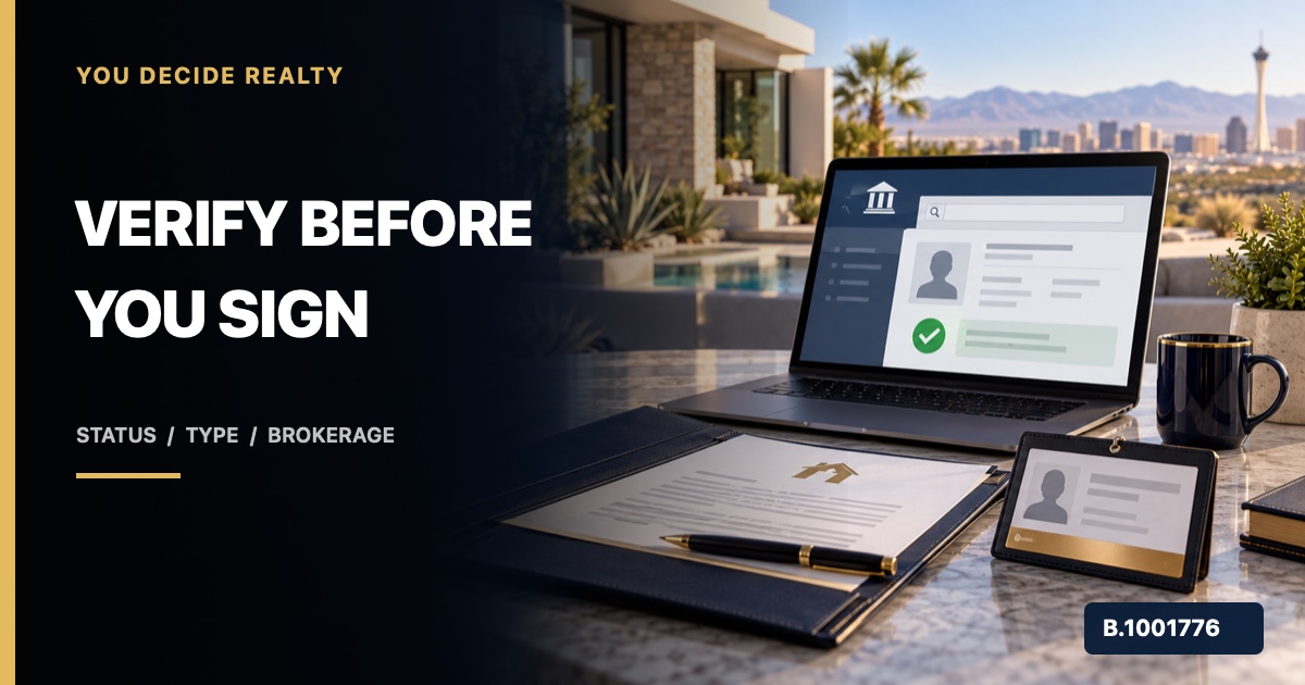 Nevada homebuyer comparing an agent identification card with the official license lookup on a laptop, marked Nevada Broker B.1001776