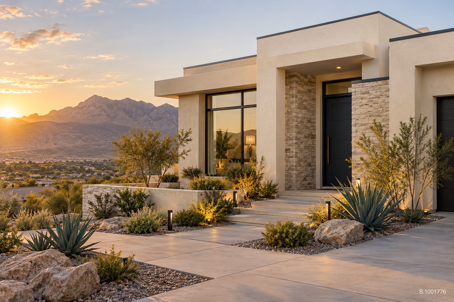 A welcoming Southern Nevada style home with desert landscaping in warm afternoon light