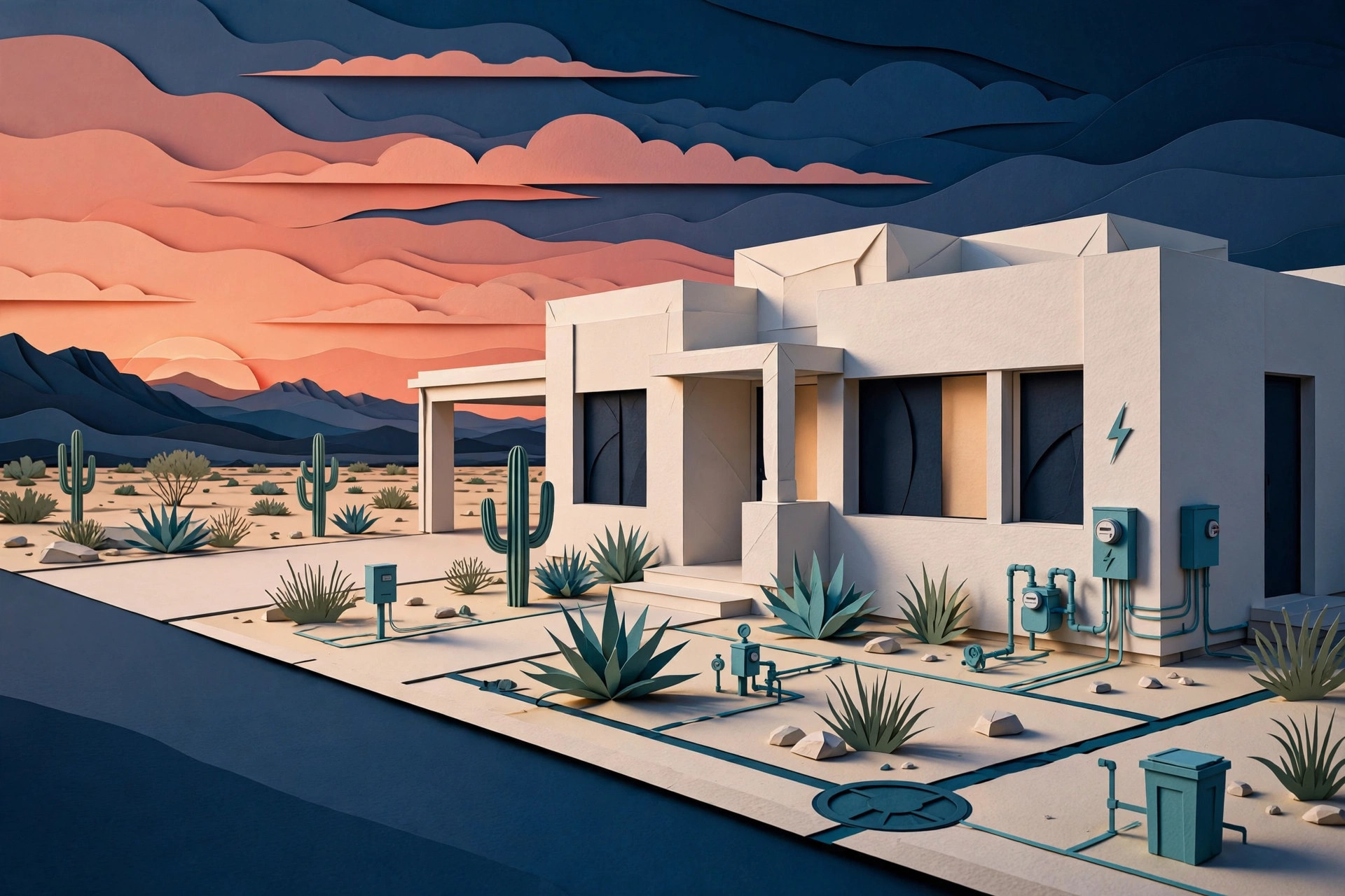 Illustration of a desert home with electricity, water, and sewer connections
